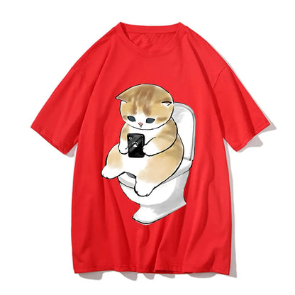 Cute Kitten Cat Play Games Print Avant-garde Fashion Trend Loose Cotton Round Neck Short Sleeve Men's T-shirt Korean Clothing