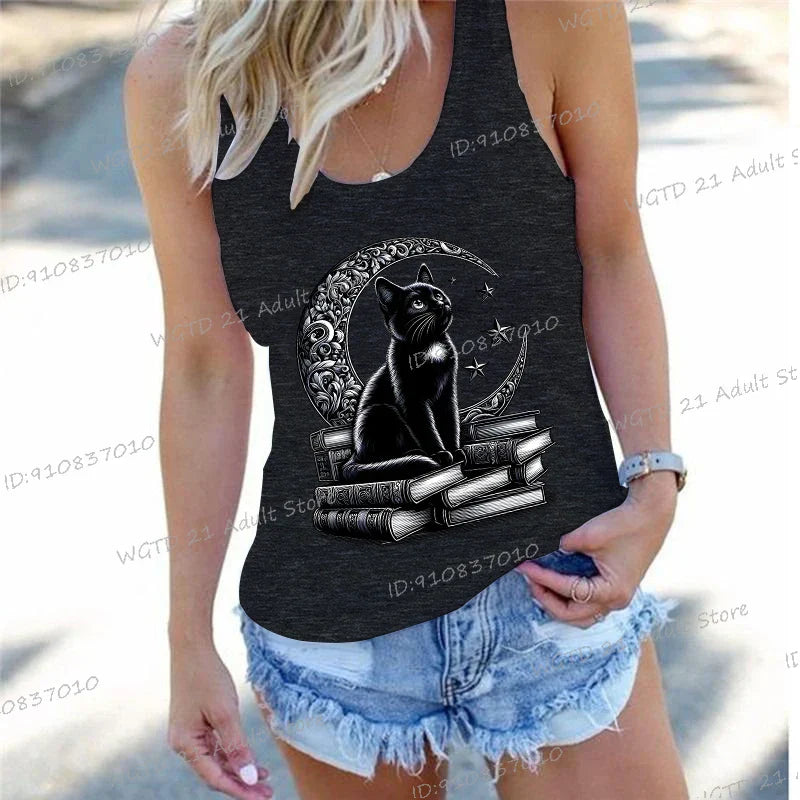 Women's Vintage Cat Books Clothing Summer Casual Loose Reading Club Members Vests Fashion Bookishness Sleeveless Tank Top