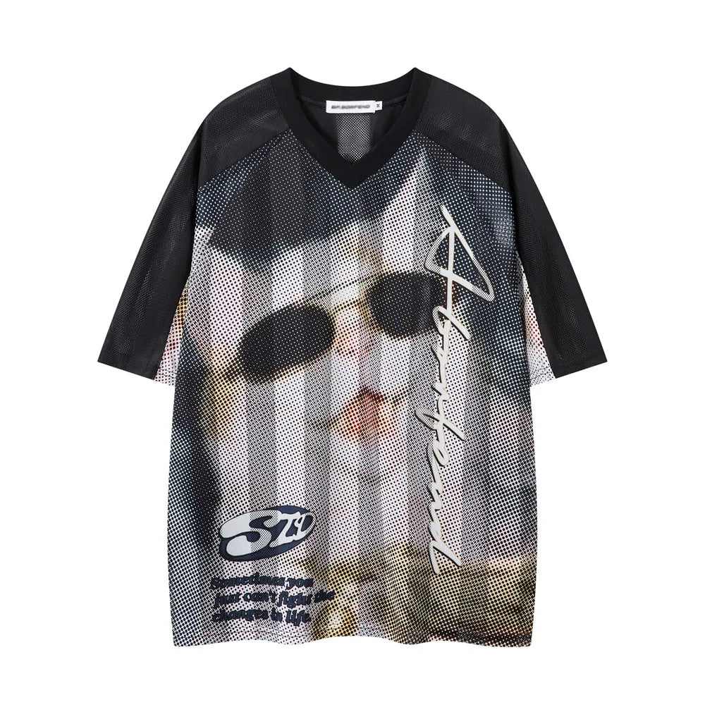 Cat Print Short Sleeve T-shirt Mens Summer Retro High Street Loose Raglan Half-Sleeve V-neck Breathable Mesh Tshirt Men