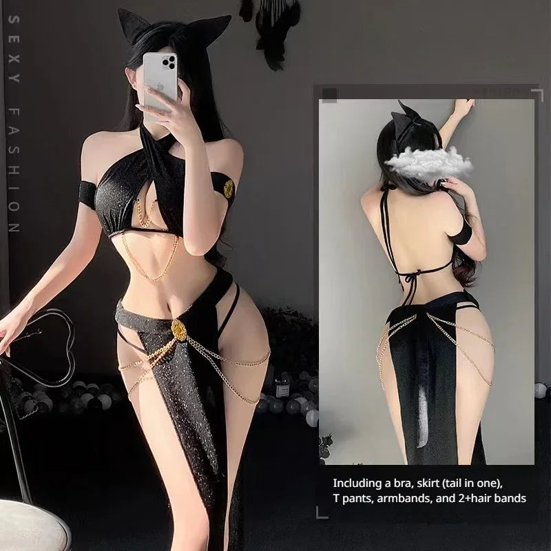 Women Sexy Lingerie Cosplay Cat Costumes Black Shiny Hollow Top with Dress Nightgowns Role Play Erotic Dress Sexy Party Dress
