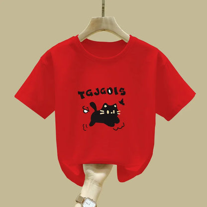 Cute Cat Design Childrens Short Sleeve T Shirt Summer Fashion Top for Girls Kids Clothes