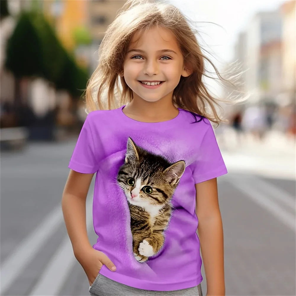Cute cat 3D printed fun children's clothing baby girl T-shirt summer casual short sleeved cool girl T-shirt lightweight breathab