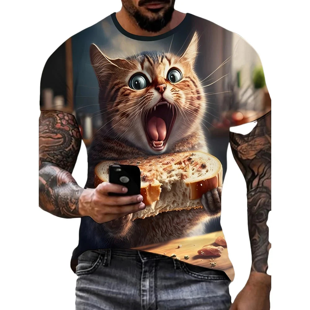 Men's T-Shirt Funny Cat Pattern Cool Printed Men's Short Sleeve Fashion O-Neck T-Shirt Outdoor Casual Lightweight Men's Clothing