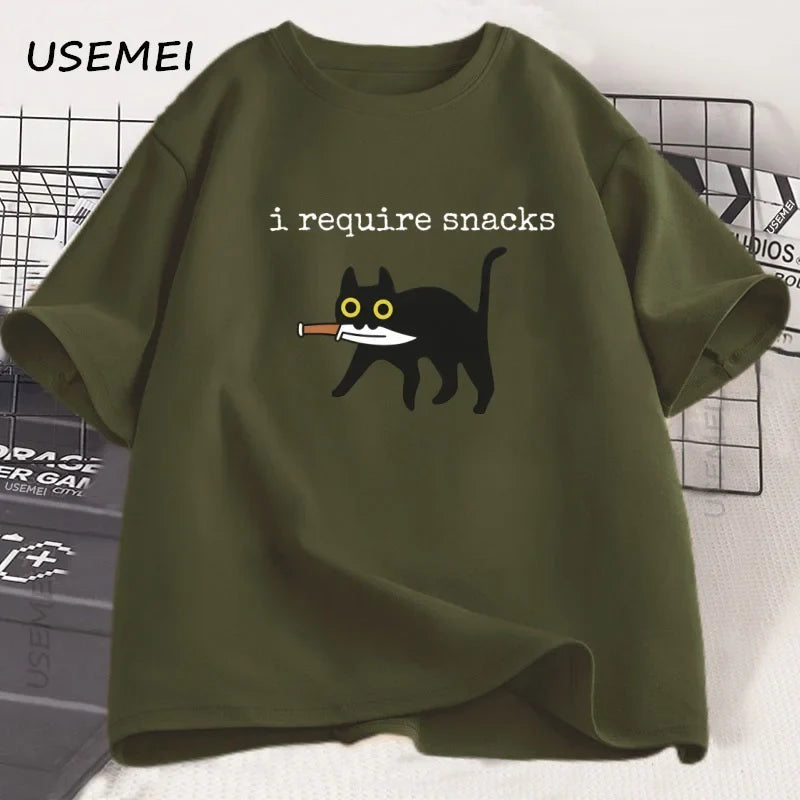 I Require Snacks T-Shirt Men Funny Black Cat Tshirt Cat Mom Cotton Short Sleeve Round Neck Tees Streetwear Man Clothes Tops