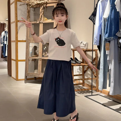 Girls Clothing Set Cartoon Cat Print T-shirt+Straight Through Pants 2Pcs Suit For 2-8 Years Kids Casual Outfit 2025 Summer New