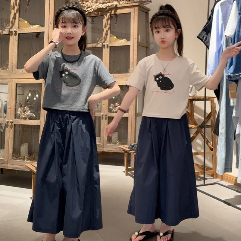 Girls Clothing Set Cartoon Cat Print T-shirt+Straight Through Pants 2Pcs Suit For 2-8 Years Kids Casual Outfit 2025 Summer New