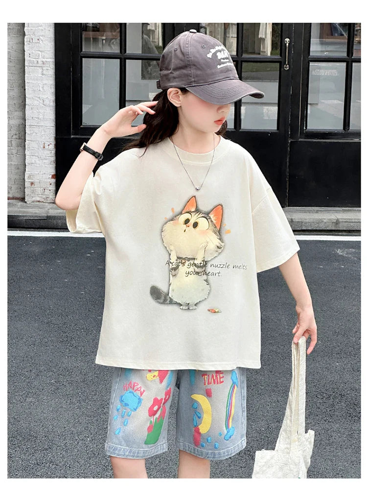 Kids Summer Cartoon Cat Print Tracksuit for Teenage Girl 5 6 7 8 9 10 11 12 13 14 Years Old Child Casual Top Bottom Clothes Set