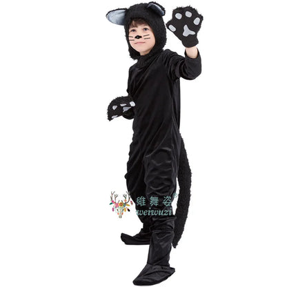 Children's Day Black Cat Cosplay Kids Costume Cute Kitten Animal Onesie Gloves Hat Suit Suitable for Stage Show Halloween Party