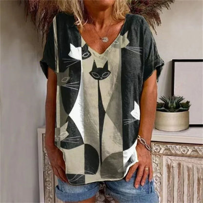 Cartoon Anime Cat Women's T-Shirts Fashion Top Tee 3d T-Shirt Harajuku Casual Short Sleeve V-Neck Oversized Female Clothing