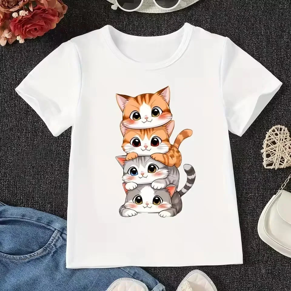 Cute Cat Graphic Kids Tshirts Summer Short Sleeve Tees Cartoon Animal Boys Girls Clothes Kawaii Kitten Tops Y2K Children T-shirt