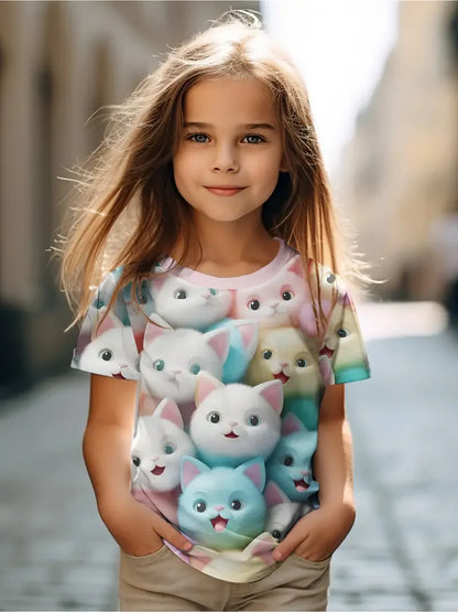 Kids Clothes Children's T-Shirt Girl Short Sleeve Top Cartoon Cat Kawaii Girls Summer Clothes Child T-Shirt  Children's Clothing