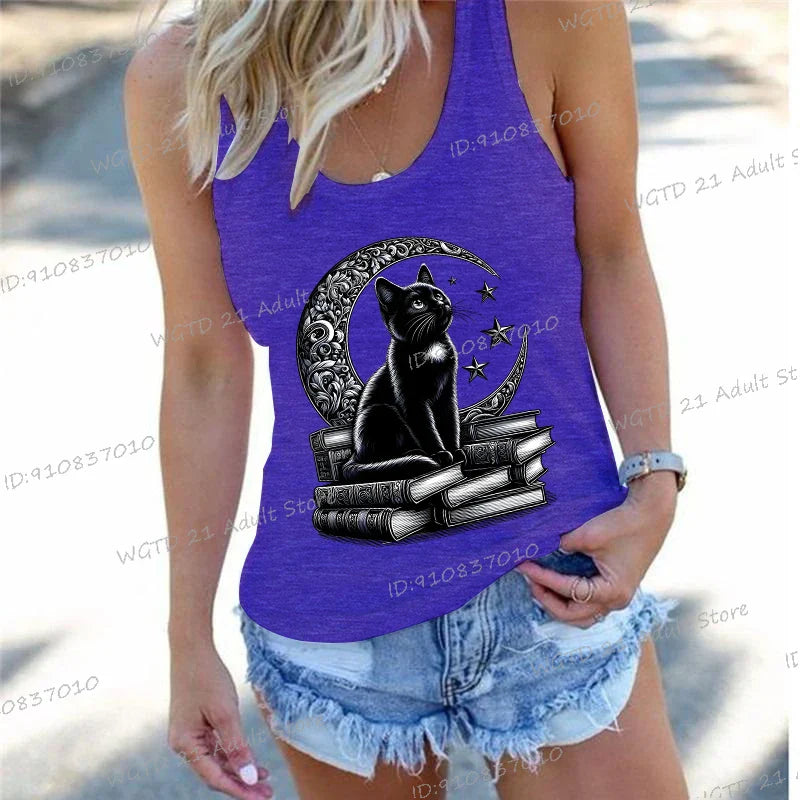 Women's Vintage Cat Books Clothing Summer Casual Loose Reading Club Members Vests Fashion Bookishness Sleeveless Tank Top