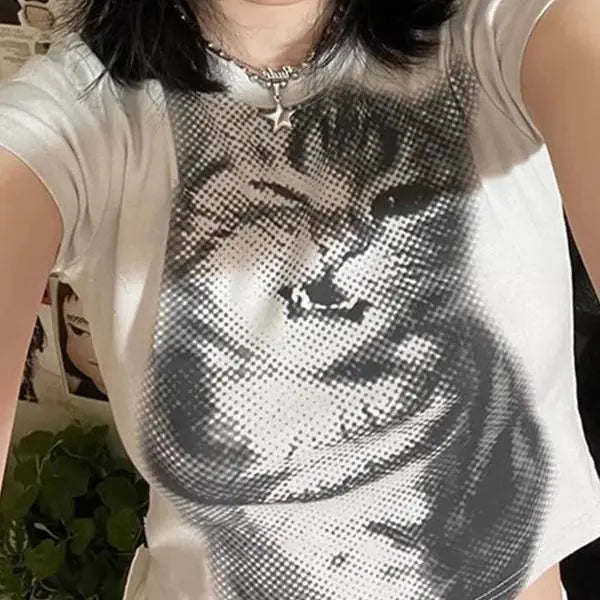 Pure Cotton Sexy Cat Printed Short-sleeved T-shirt for Women with Slim Slim Versatile Top