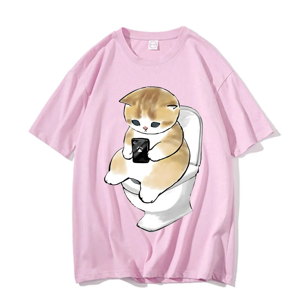 Cute Kitten Cat Play Games Print Avant-garde Fashion Trend Loose Cotton Round Neck Short Sleeve Men's T-shirt Korean Clothing