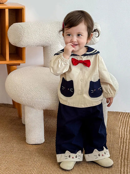 MILANCEL New Autumn Kids Clothes 9M-5T Sweet Cartoon Cat Girls Navy Style Coat +Wide Leg Pants Loose Korean Children Outfit 2PCS