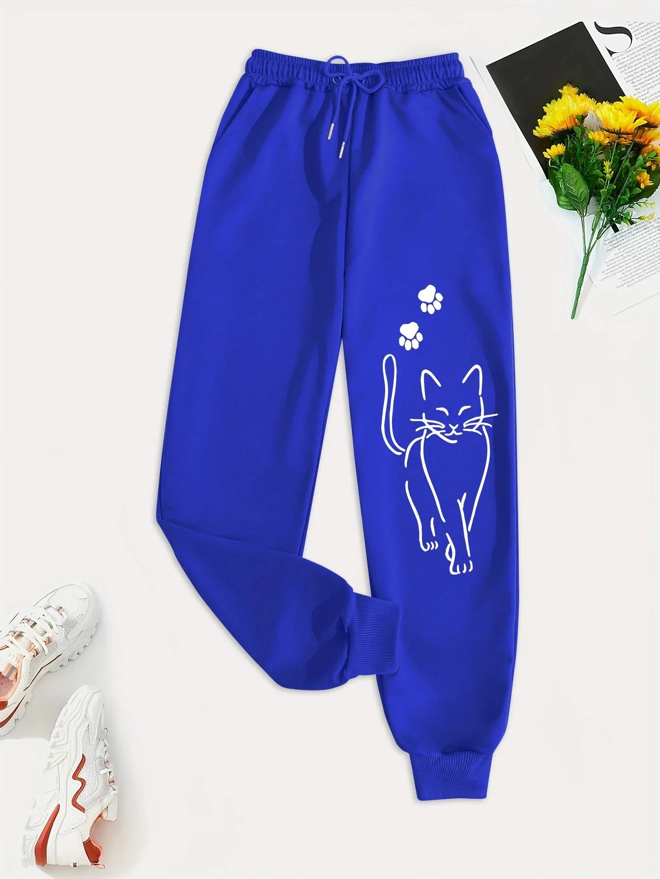Elegant Cat Print Casual Versatile Women Pants Fashion Trendy Trousers With Drawstring Pockets Comfortable Sweatpants Female