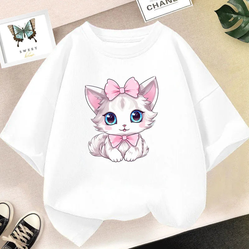 Kids Lovely Cat Pet Animal T Shirt Fashion Summer Girls Cute Casual Top Short Sleeve Tshirts Children Cartoon Graphic Tee