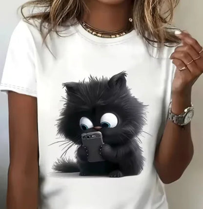 Girls Funny Climb Cute Cat Design Print T-shirt Short Sleeve Neck Casual All Season Women's Clothing Top Tee Ladies' Cat T-shirt