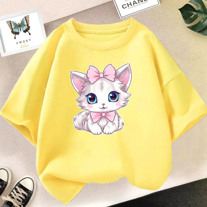 Kids Lovely Cat Pet Animal T Shirt Fashion Summer Girls Cute Casual Top Short Sleeve Tshirts Children Cartoon Graphic Tee