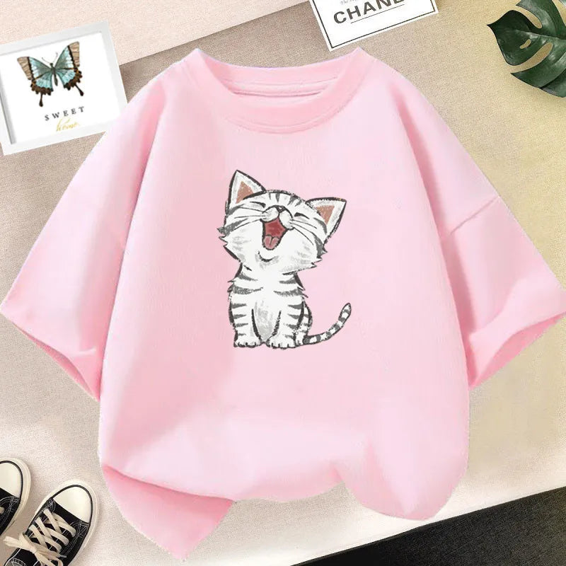 Kids Lovely Cat Pet Animal T Shirt Fashion Summer Girls Cute Casual Top Short Sleeve Tshirts Children Cartoon Graphic Tee