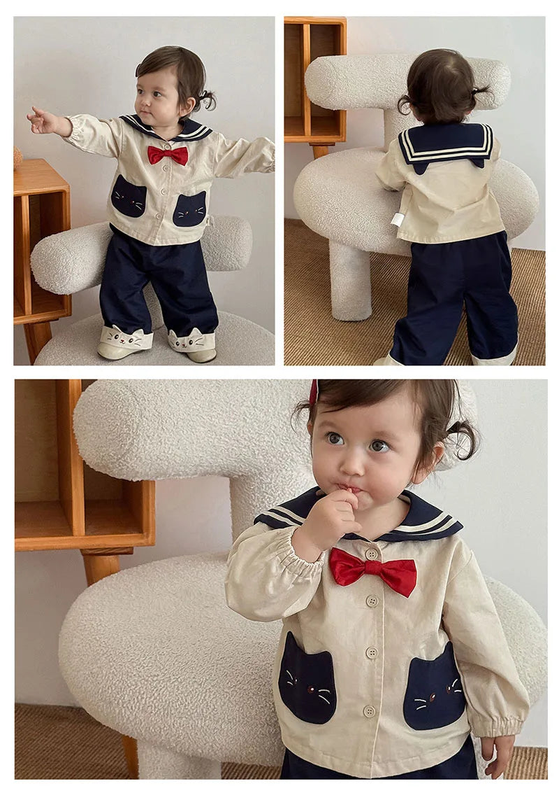 MILANCEL New Autumn Kids Clothes 9M-5T Sweet Cartoon Cat Girls Navy Style Coat +Wide Leg Pants Loose Korean Children Outfit 2PCS