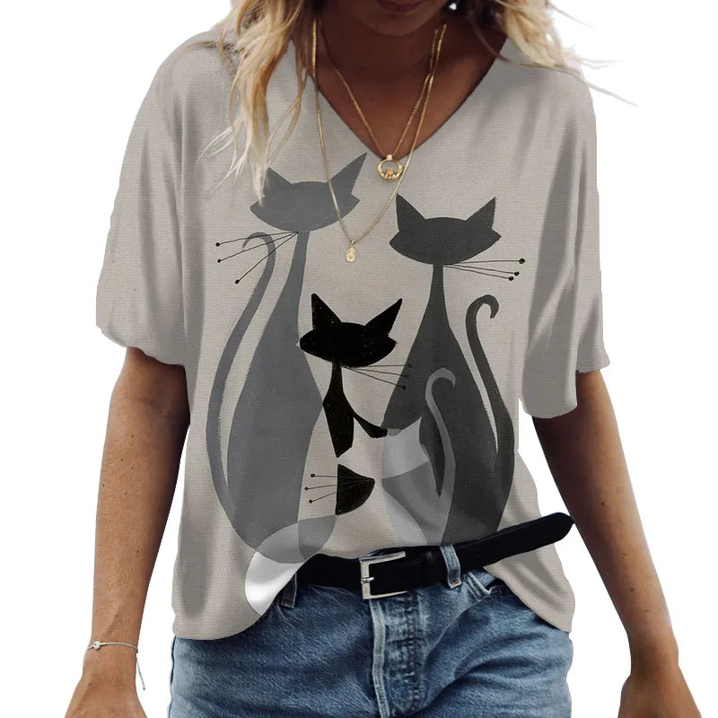 Women's T-shirt Cartoon Cat Print Summer Short Sleeve V-Neck Kawaii Fashion Casual Tee Shirts With Cat Funny Femininity Clothing
