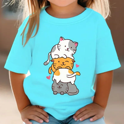 Cute Cat Graphic Kids Tshirts Summer Short Sleeve Tees Cartoon Animal Boys Girls Clothes Kawaii Kitten Tops Y2K Children T-shirt