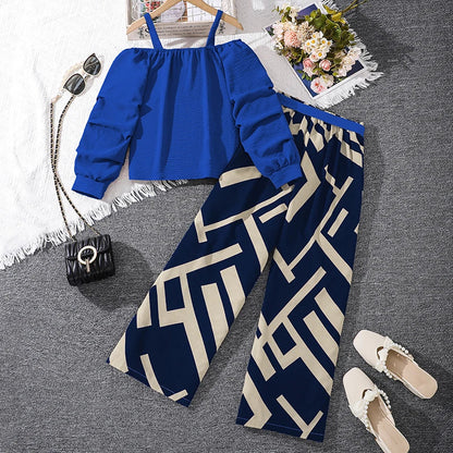 Kids Clothing Sets For Girls Khaki Off-shoulder Long sleeve Top & Stripe Printing Pants Summer Resort Style Children Suits OOTD
