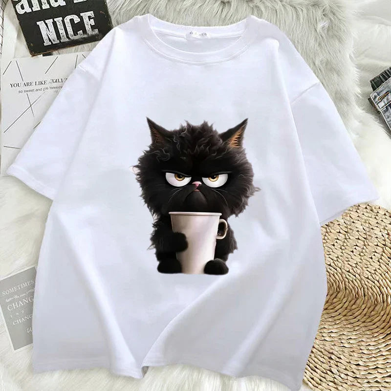 Funny Cat Women White Print T-shirt Oversized Girl Casual Short Sleeve O Neck Top for Female Animal Clothing