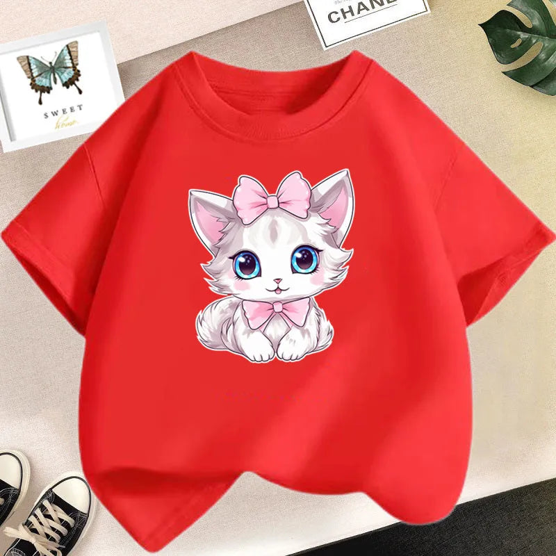 Kids Lovely Cat Pet Animal T Shirt Fashion Summer Girls Cute Casual Top Short Sleeve Tshirts Children Cartoon Graphic Tee