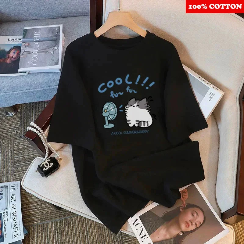 Korean Cute Cat Print T-shirt Women Summer 2025 New Round neck Short Sleeve T-shirt Loose Casual Y2k Tops kawaii Female clothing