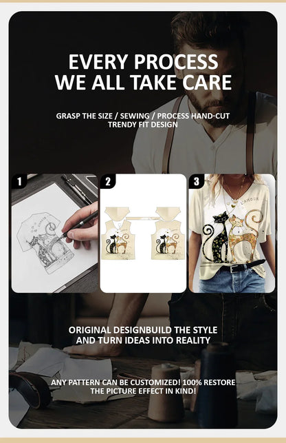 Women's T-shirt Cartoon Cat Print Summer Short Sleeve V-Neck Kawaii Fashion Casual Tee Shirts With Cat Funny Femininity Clothing