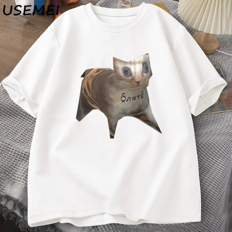 Russian Cat Meme T-shirts Funny Graphic Print Cat T Shirt Women Men Casual Cotton T-shirt Unisex Oversized Tee Shirt Man Clothes