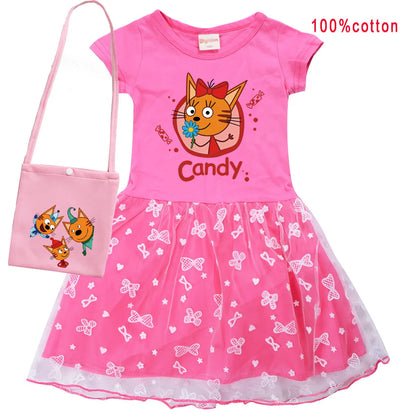 Kid-e-cats Clothes Kids Three Kitten Russian Cartoon Clothing Baby Girl Halloween Costume Dresses Children Princess Vestidos Bag