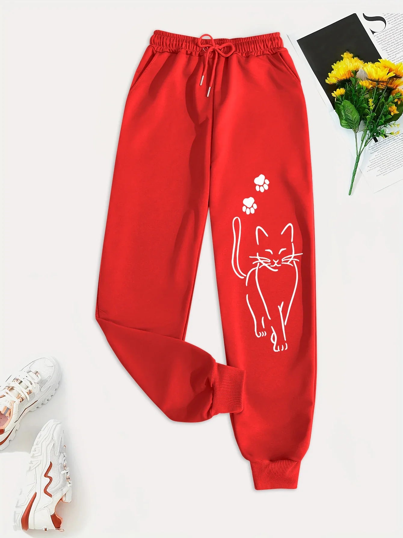 Elegant Cat Print Casual Versatile Women Pants Fashion Trendy Trousers With Drawstring Pockets Comfortable Sweatpants Female