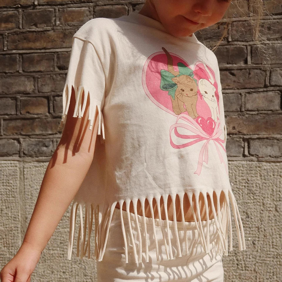 Summer 2025 KS Children Clothes Set Girls Cute Cat Print Tassels T-shirts Shorts Suit Kids Thin Soft Sling Dresses Girl Clothing