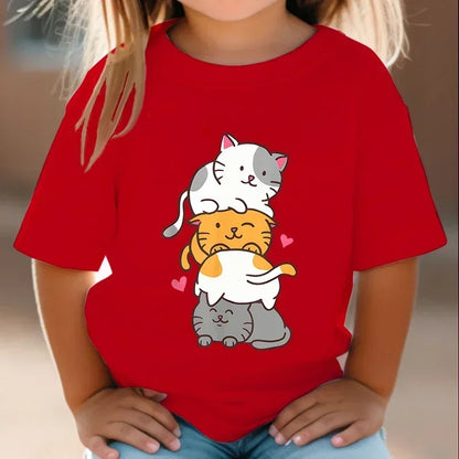 Cute Cat Graphic Kids Tshirts Summer Short Sleeve Tees Cartoon Animal Boys Girls Clothes Kawaii Kitten Tops Y2K Children T-shirt