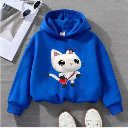 Cute Cartoon Cat Print Kids Sweatshirt Adorable Long-Sleeve Top for Boys Girls Comfortable Casual Wear