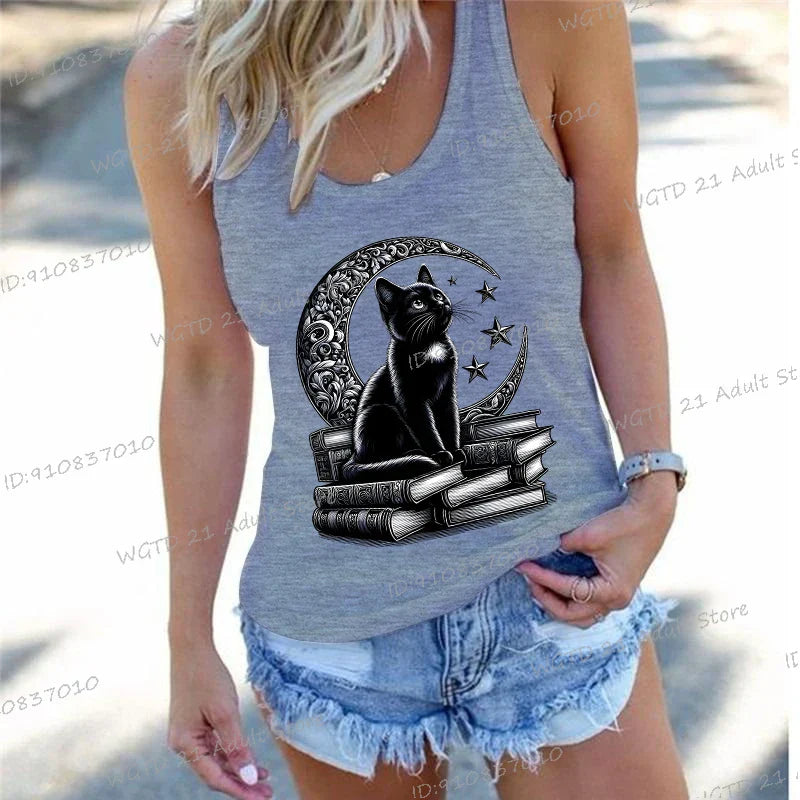 Women's Vintage Cat Books Clothing Summer Casual Loose Reading Club Members Vests Fashion Bookishness Sleeveless Tank Top
