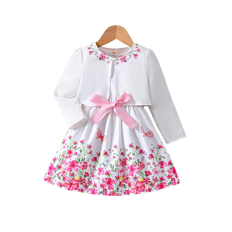 Kids Casual Clothing Sets Outfits for Girls Spring Summer Toddler Floral Print Long Sleeve Coat Tank Dress Children 2 3 4 5 6 7