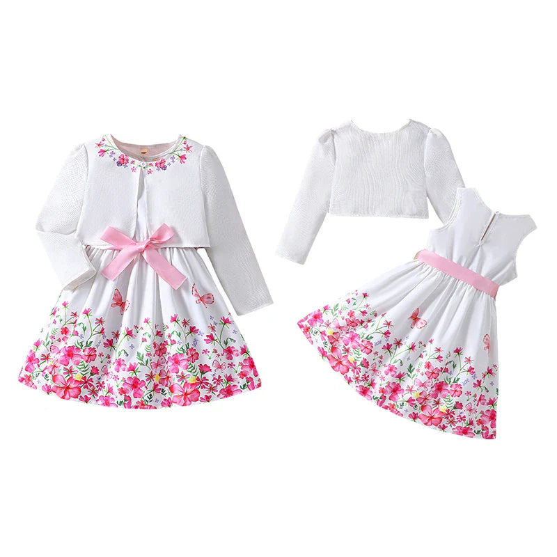 Kids Casual Clothing Sets Outfits for Girls Spring Summer Toddler Floral Print Long Sleeve Coat Tank Dress Children 2 3 4 5 6 7