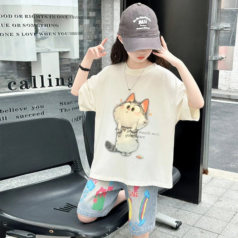 Kids Summer Cartoon Cat Print Tracksuit for Teenage Girl 5 6 7 8 9 10 11 12 13 14 Years Old Child Casual Top Bottom Clothes Set