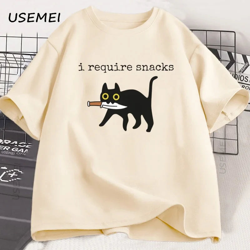I Require Snacks T-Shirt Men Funny Black Cat Tshirt Cat Mom Cotton Short Sleeve Round Neck Tees Streetwear Man Clothes Tops