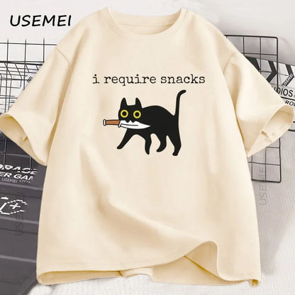 I Require Snacks T-Shirt Men Funny Black Cat Tshirt Cat Mom Cotton Short Sleeve Round Neck Tees Streetwear Man Clothes Tops