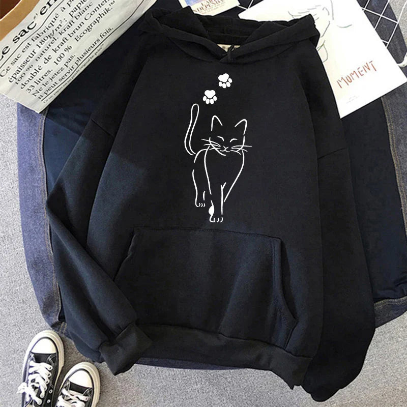 Whimsical Cat Print Sweatshirts Cat Women Kawaii Kangaroo Pocket Hoodies Girl Casual Pullovers Female Animal Hooded 90s Clothing