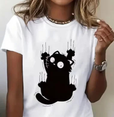 Girls Funny Climb Cute Cat Design Print T-shirt Short Sleeve Neck Casual All Season Women's Clothing Top Tee Ladies' Cat T-shirt