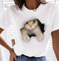 Girls Funny Climb Cute Cat Design Print T-shirt Short Sleeve Neck Casual All Season Women's Clothing Top Tee Ladies' Cat T-shirt