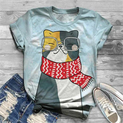 Cat Short Sleeve Cartoon Cat Women's T-Shirt Summer Fashion 3d Cartoon Women Clothing T Shirt For Women Daily Casual Top Tee