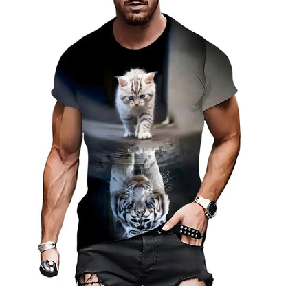 Men's T-Shirt Funny Cat Pattern Cool Printed Men's Short Sleeve Fashion O-Neck T-Shirt Outdoor Casual Lightweight Men's Clothing