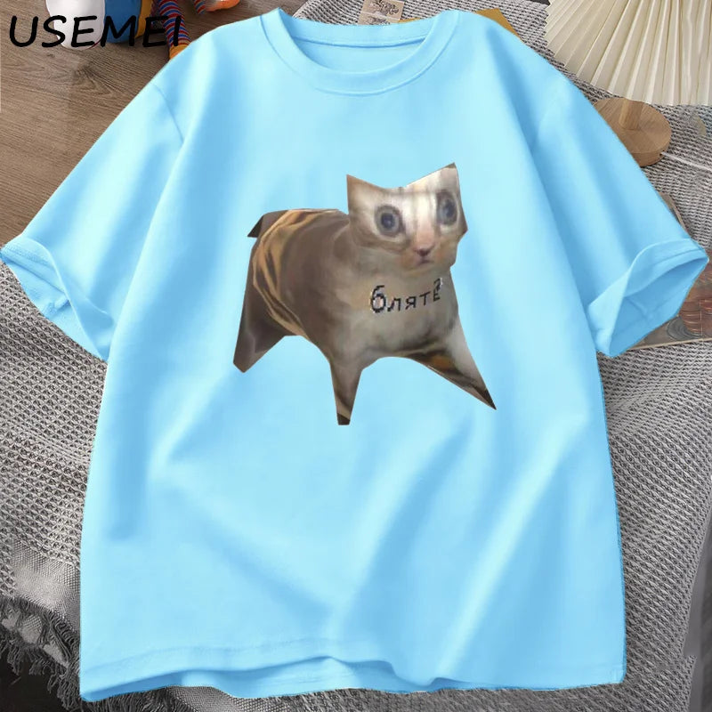 Russian Cat Meme T-shirts Funny Graphic Print Cat T Shirt Women Men Casual Cotton T-shirt Unisex Oversized Tee Shirt Man Clothes
